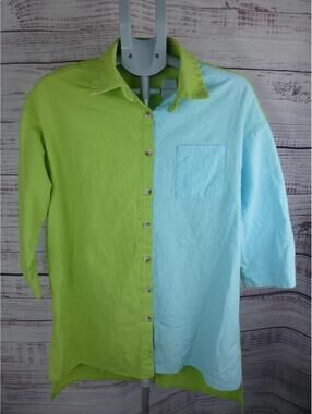 Zeagoo Women's Colorblock Button-Front Shirt Top M Green Blue 100% Cotton K2